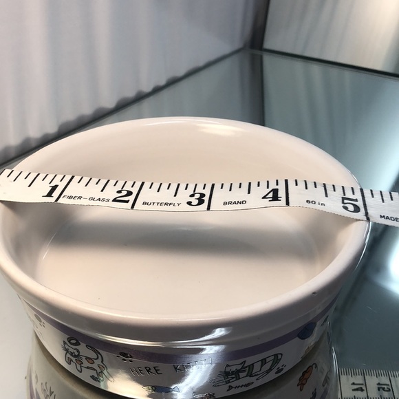 Kitty cat dish bowl ceramic with cat prints around the outside purple stripe - Picture 3 of 5